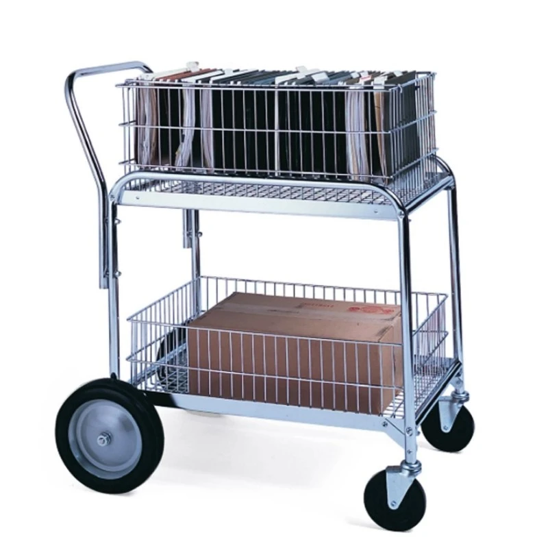 Chariot postal en fil d'acier chromé avec paniers supérieur et inférieur